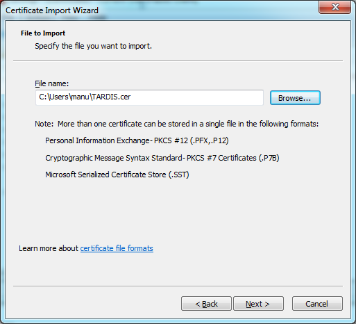 Certificate import wizard - specify location