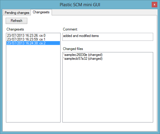 Plastic SCM Mini GUI - Changesets tab