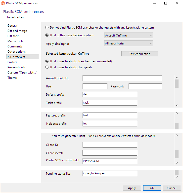 Issue tracking configuration: Axosoft OnTime