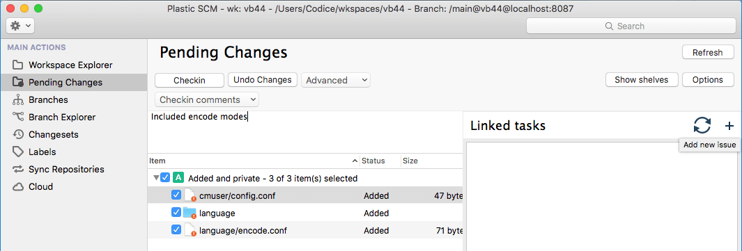 Plastic SCM - macOS - Checkin dialog and Add new issue option