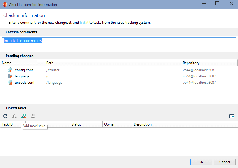 Plastic SCM - Windows - Checkin dialog and Add new issue option