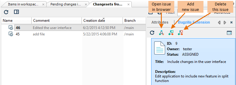 Changesets view, with detailed information when working in 'Task on changeset' mode