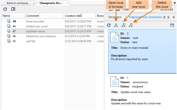 Changeset view with detailed information in 'Task on changeset' mode
