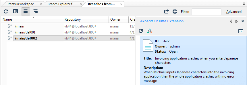 Detailed information of branches in 'Task on branch' mode