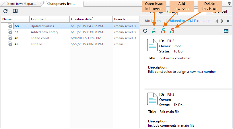 Changeset view with detailed information in 'Task on changeset' working mode