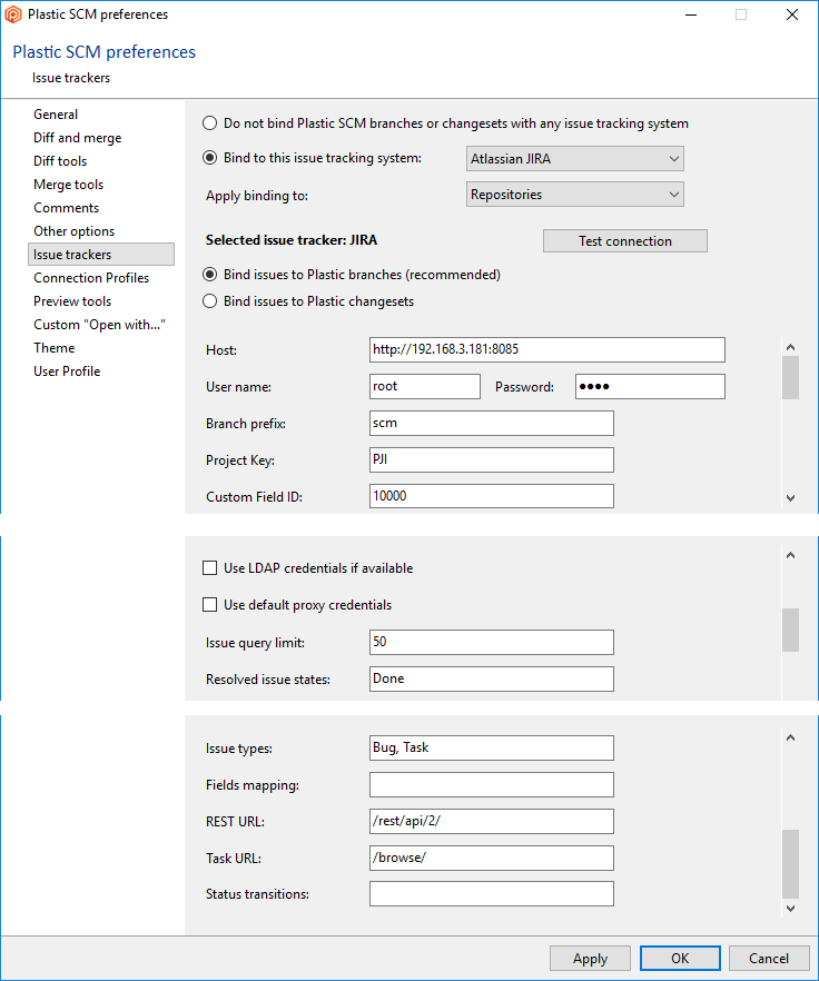 Issue tracking configuration in Plastic SCM: Jira