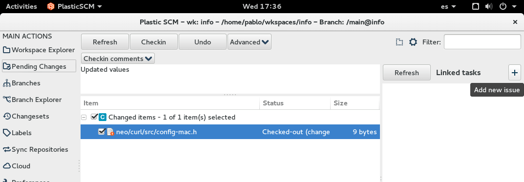 Plastic SCM - Linux - Checkin dialog and Add new issue option