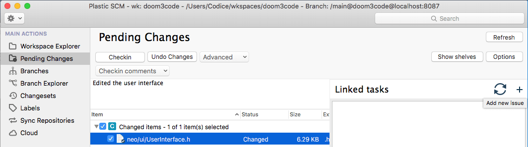 Plastic SCM - macOS - Checkin dialog and Add new issue option