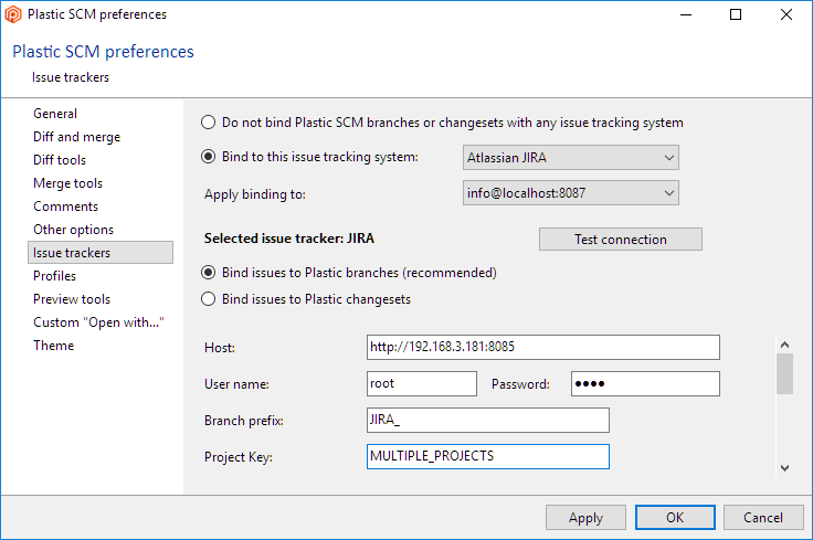 Issue tracking configuration in Plastic SCM: Jira multi-project