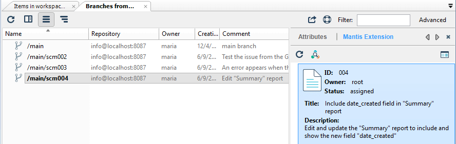 Plastic SCM extended information for branches when working in 'Task on branch' mode