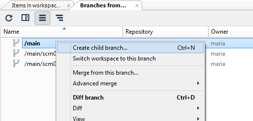 Creating a new branch in Plastic SCM