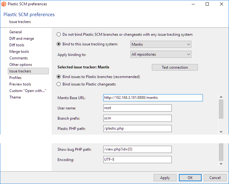 Issue tracking configuration: Mantis