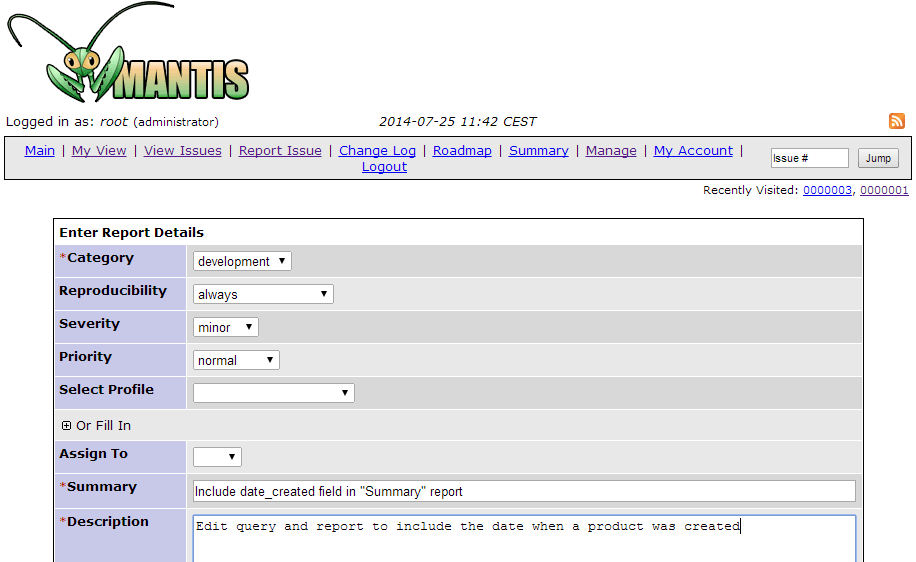 Mantis user interface to create a new issue