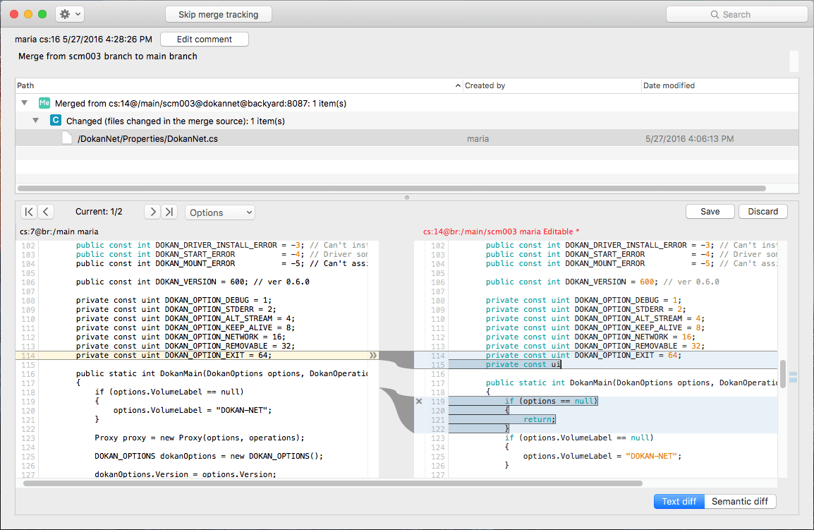 Plastic SCM GUI - macOS - Text diff is editable