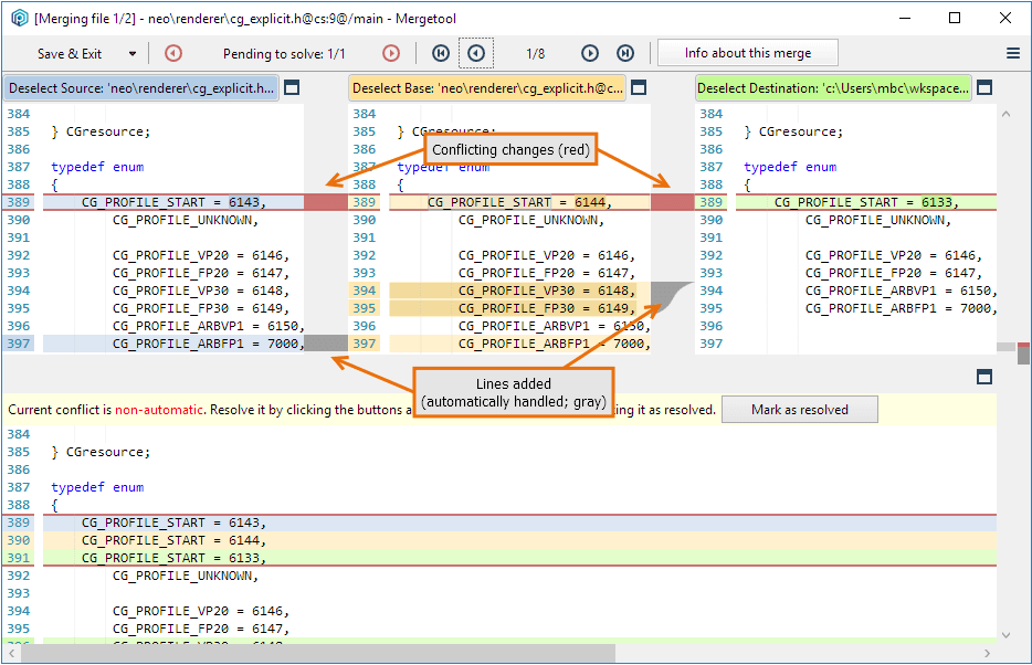 Automatic versus non-automatic conflicts in the 3-way Merge window