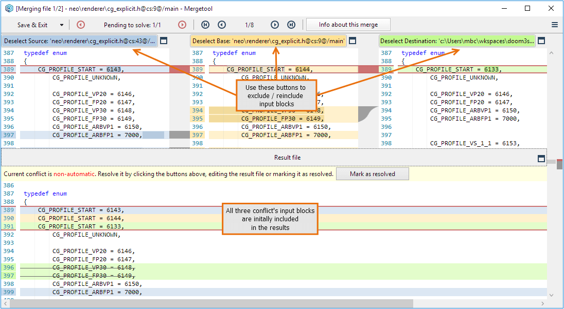 Display of a conflict block's sections in the merge results pane