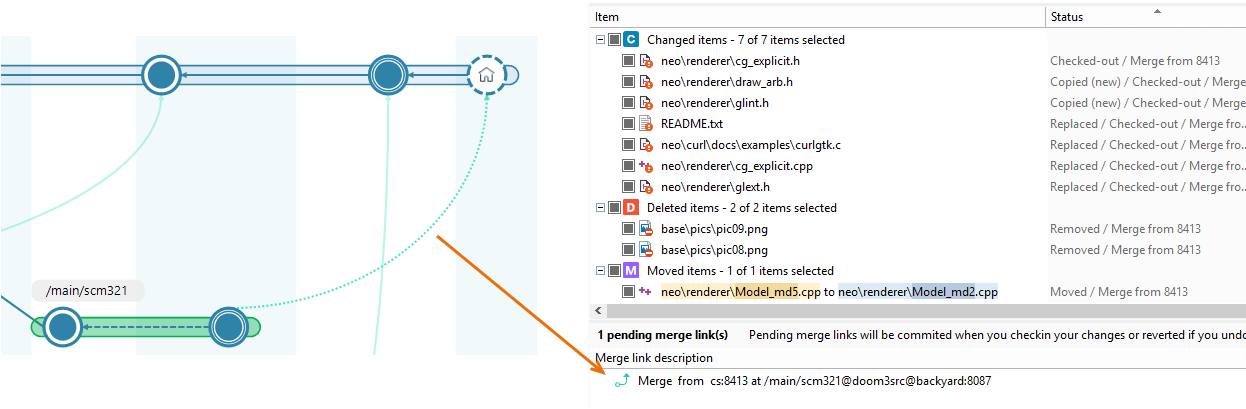 Merge link information in the pending changes view