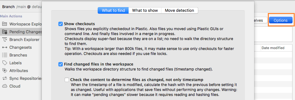 Plastic SCM GUI - macOS - Pending changes options