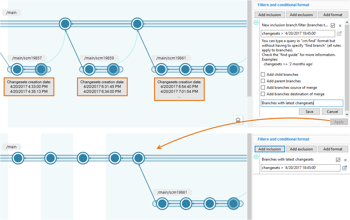 Branch Explorer - Inclusion example: Display only the branches containing changesets created after a certain time