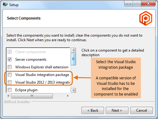 Component selection screen in the installer