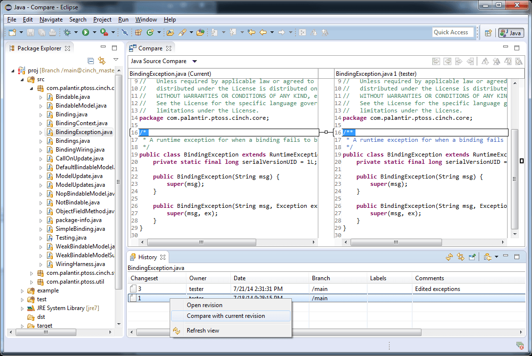 Comparing revisions using the history view