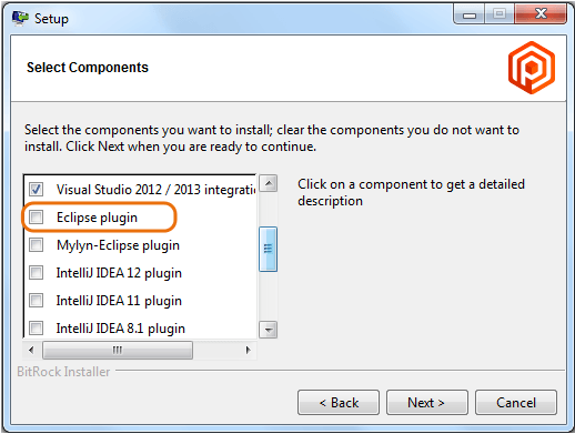 Component selection screen in the installer