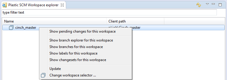 Workspace explorer view of the Plastic SCM perspective