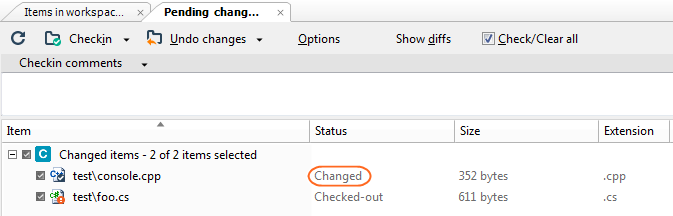 Pending changes view with selected "find changed" option