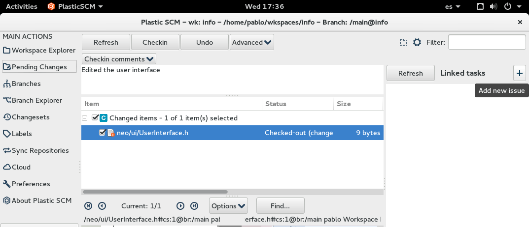 Plastic SCM - Linux - 「チェックイン」ダイアログと「新規イシューを追加」オプション