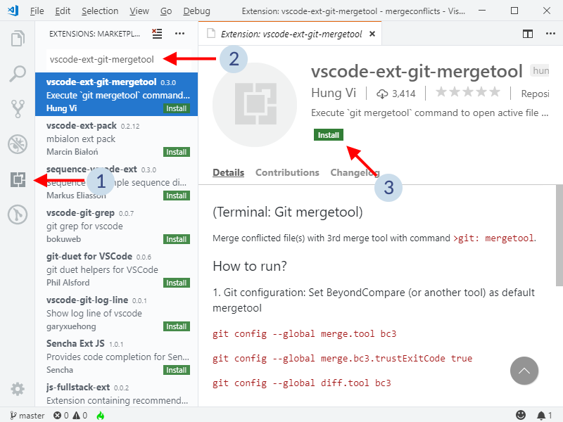Install vscode-ext-git-mergetool from Extensions on the sidebar
