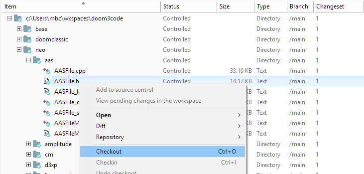 Plastic SCM GUI - Windows - Workspace Explorer - Checkout command