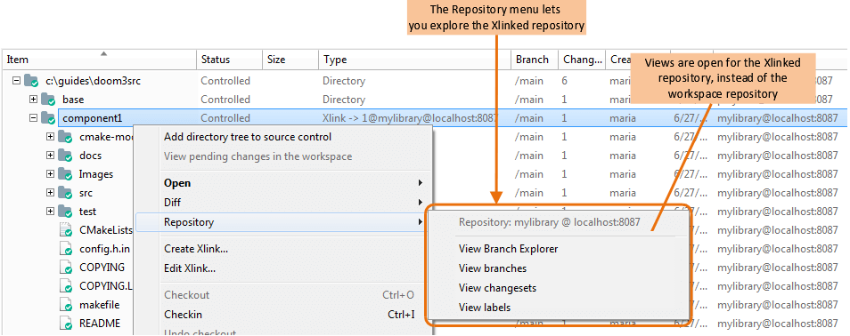 Repository menu for an item in an Xlinked repository